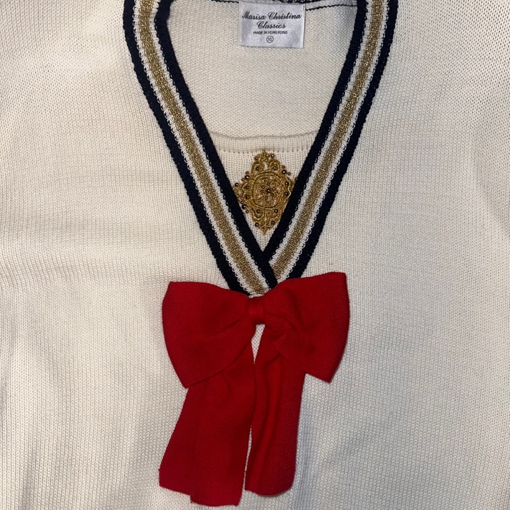VTG Marisa Christina Anime Nautical Sailor Knit V-Neck Sweater Red Bow XL NWT - Picture 3 of 5